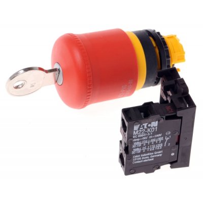 Eaton 216514 M22-PVS/K01 Emergency Stop Push Button, Panel Mount, 22mm Cutout, 1NC