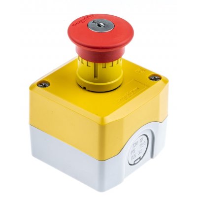 Schneider Electric XALK188G Red, Yellow Emergency Stop Push Button, 1NO + 2NC, Surface Mount