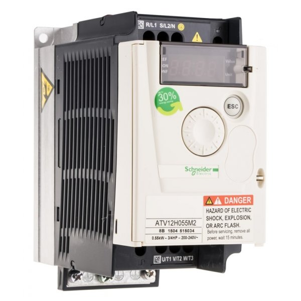 Schneider Electric ATV12H055M2 Variable Speed Drive, 0.55 kW, 1 Phase, 230 V ac, 6.7 A, ATV 12 Series