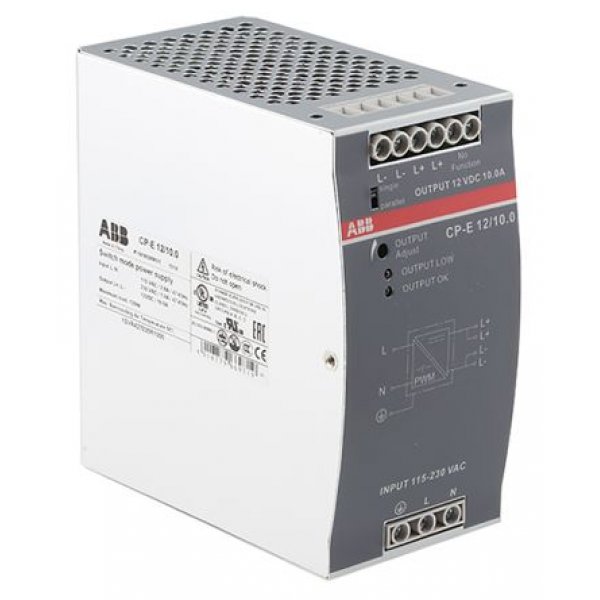 ABB 1SVR427035R1000 CP-E 12/10.0 Switch Mode DIN Rail Power Supply, 90 → 132V ac ac, dc Input, 12V